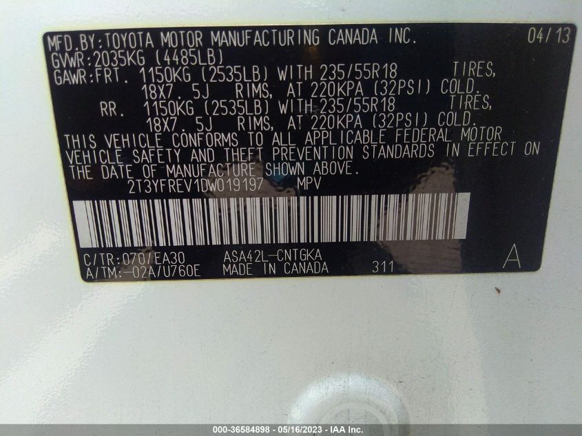 2013 TOYOTA RAV4 LIMITED - 2T3YFREV1DW019197