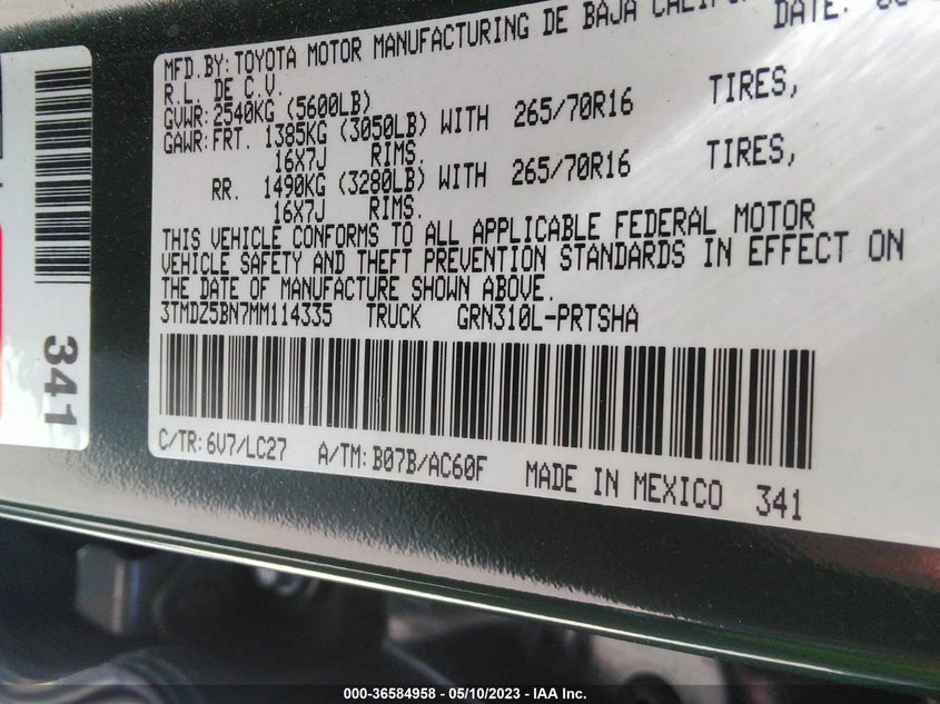 VIN 3TMDZ5BN7MM114335 2021 TOYOTA TACOMA 4WD SR5/TRD SPORT