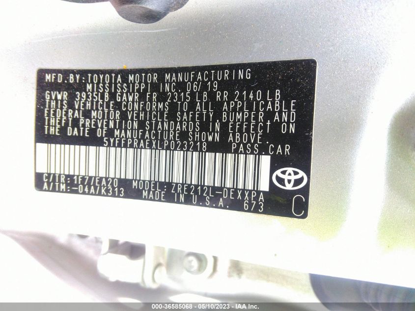 2020 TOYOTA COROLLA XLE - 5YFFPRAEXLP023218