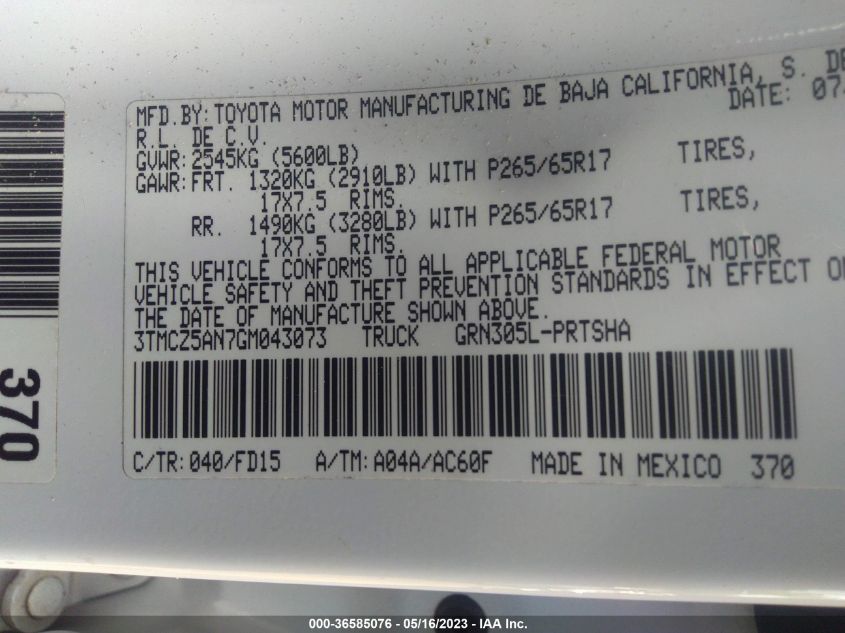 2016 TOYOTA TACOMA SR/SR5/TRD SPORT - 3TMCZ5AN7GM043073