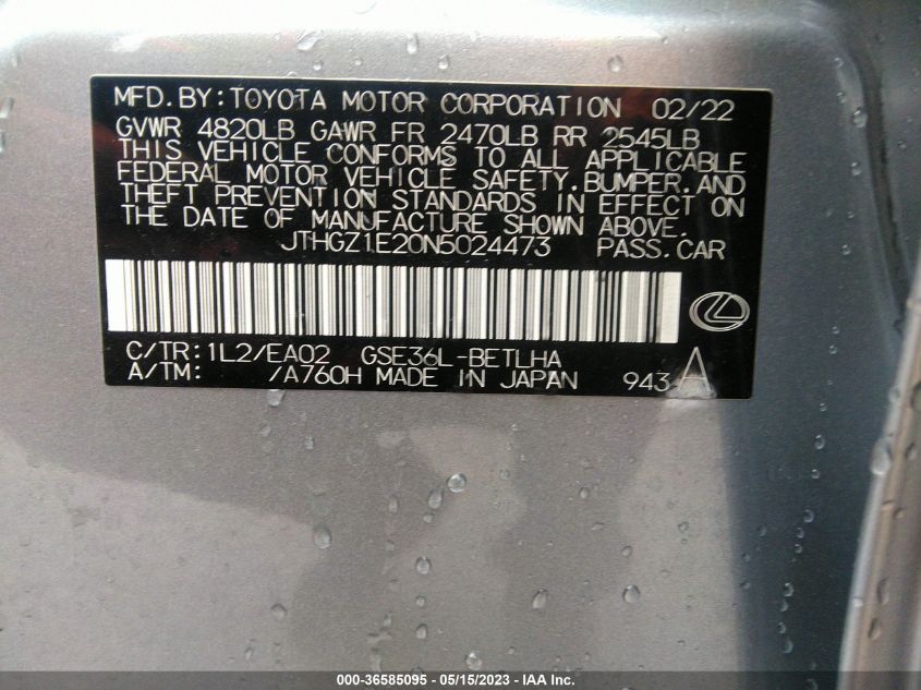 2022 LEXUS IS IS 350 F SPORT - JTHGZ1E20N5024473