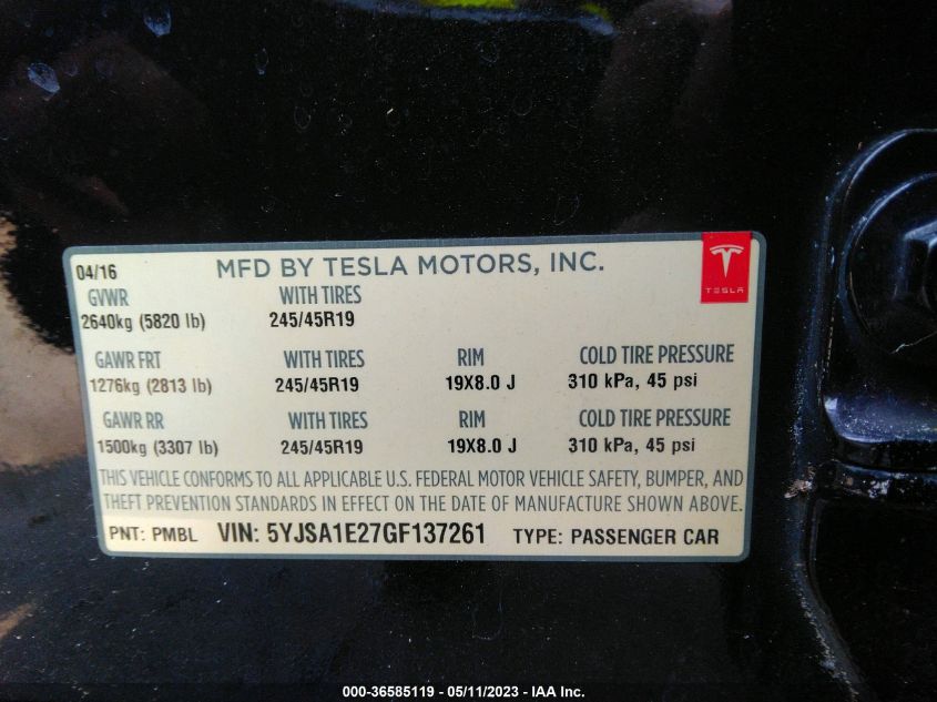 2016 TESLA MODEL S 90D/70D/75D/60D/85D - 5YJSA1E27GF137261