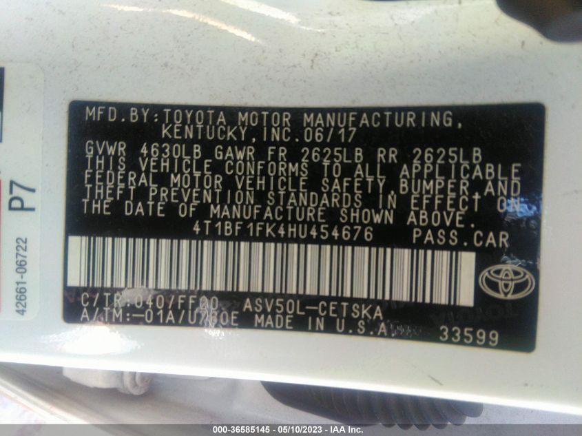 2017 TOYOTA CAMRY SE - 4T1BF1FK4HU454676