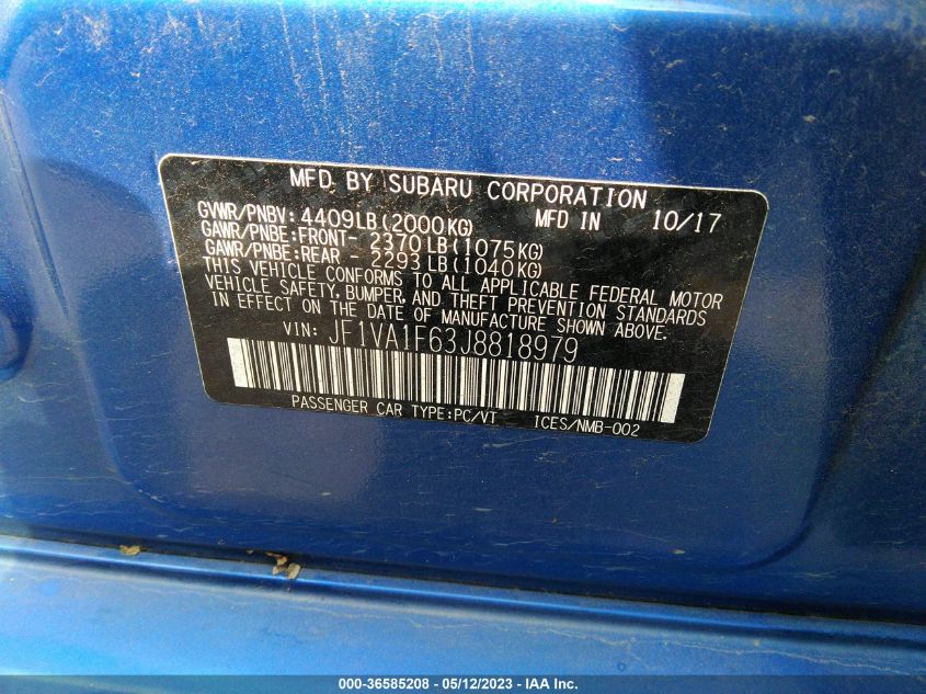 2018 SUBARU WRX LIMITED - JF1VA1F63J8818979