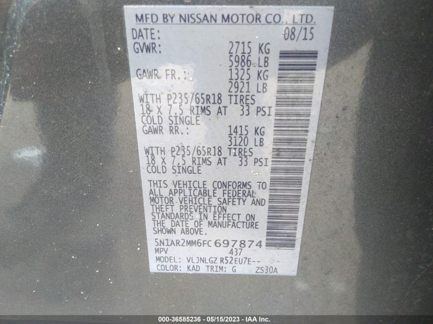 2015 NISSAN PATHFINDER SL - 5N1AR2MM6FC697874