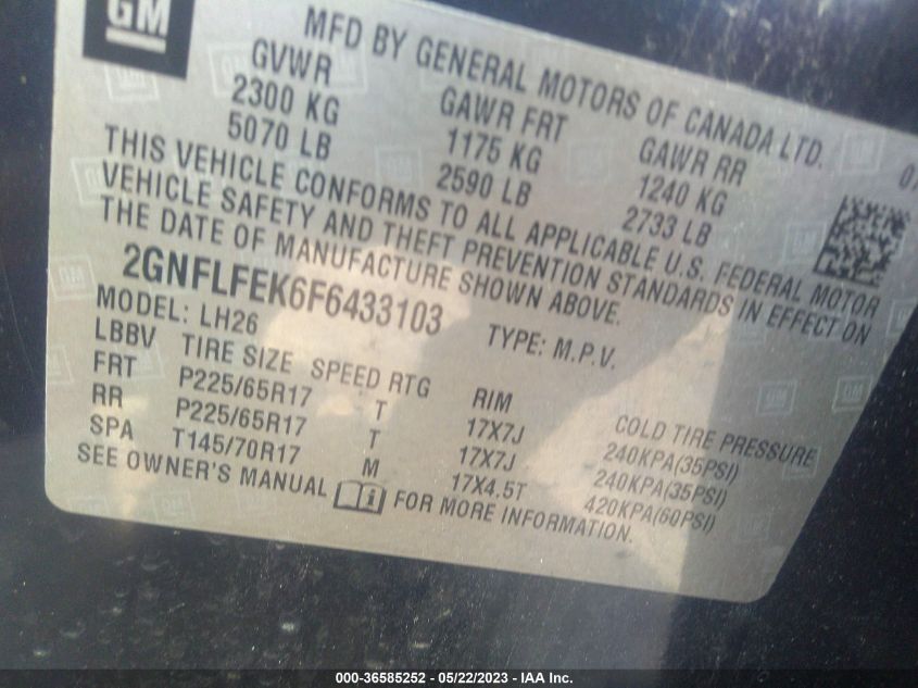 2015 CHEVROLET EQUINOX LT - 2GNFLFEK6F6433103