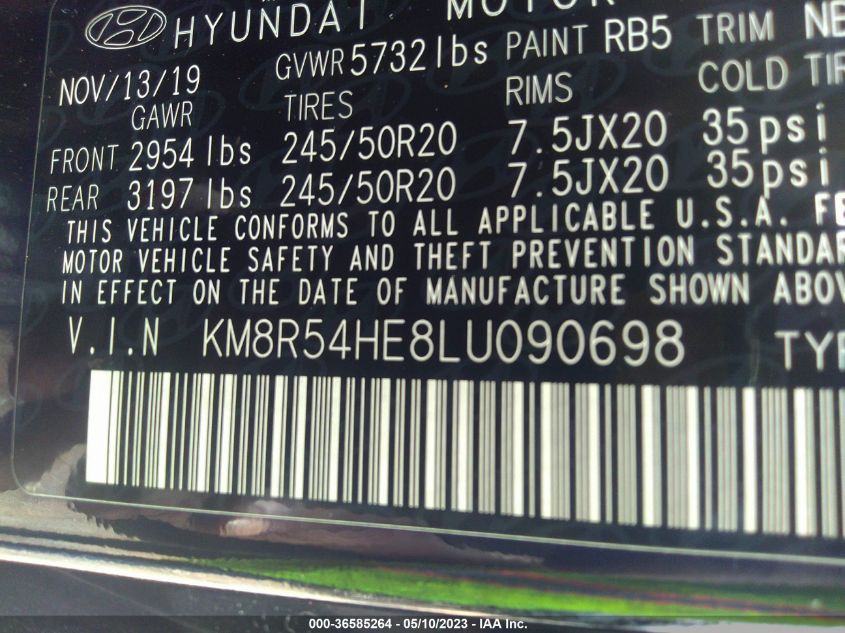 VIN KM8R54HE8LU090698 2020 HYUNDAI PALISADE no.9