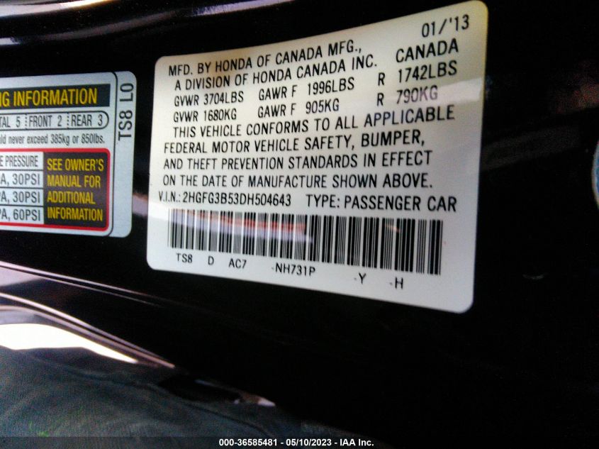 2013 HONDA CIVIC CPE LX - 2HGFG3B53DH504643
