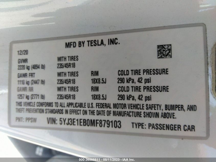 2021 TESLA MODEL 3 LONG RANGE - 5YJ3E1EB0MF879103