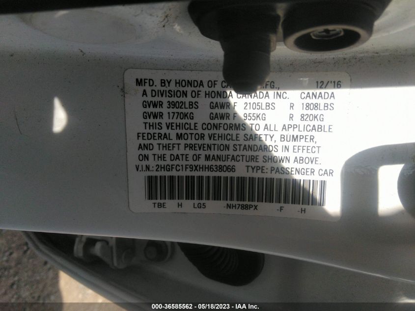 2017 HONDA CIVIC SEDAN TOURING - 2HGFC1F9XHH638066