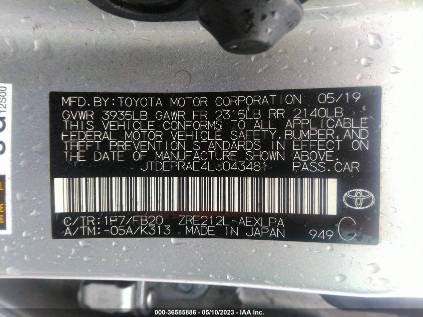 2020 TOYOTA COROLLA LE - JTDEPRAE4LJ043481