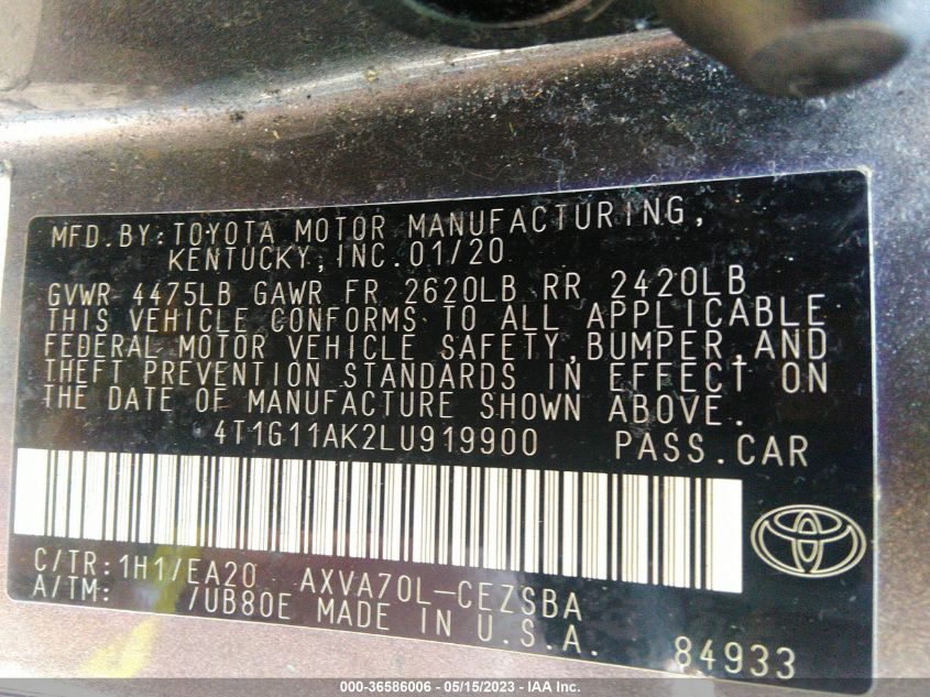 2020 TOYOTA CAMRY SE - 4T1G11AK2LU919900