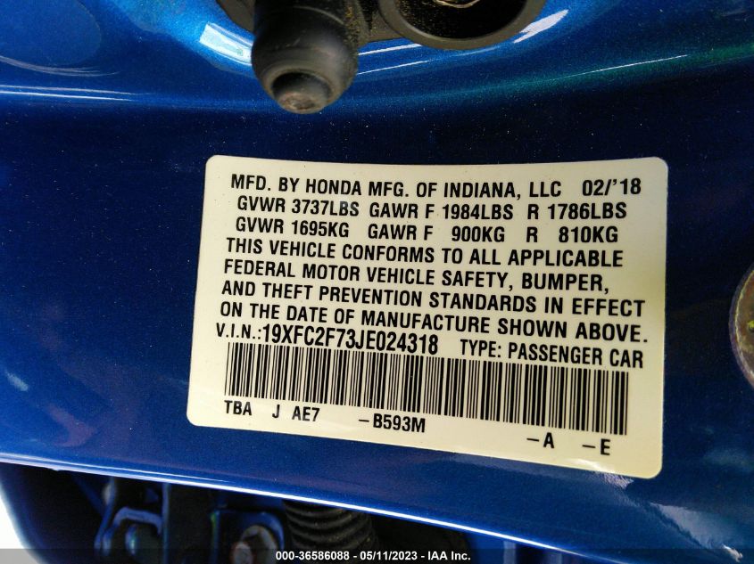 2018 HONDA CIVIC SEDAN EX - 19XFC2F73JE024318