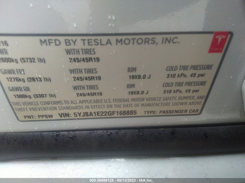 2016 TESLA MODEL S 75D - 5YJSA1E22GF168885