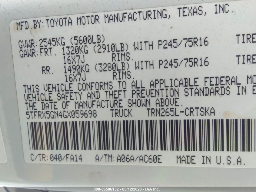 2016 TOYOTA TACOMA SR/SR5 - 5TFRX5GN4GX059698