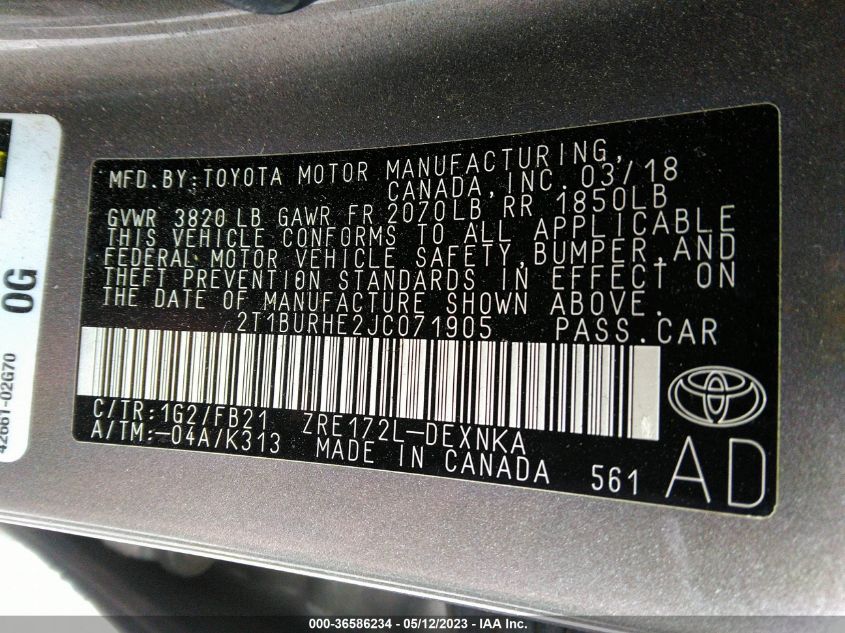 2018 TOYOTA COROLLA L/LE/XLE/SE/XSE - 2T1BURHE2JC071905