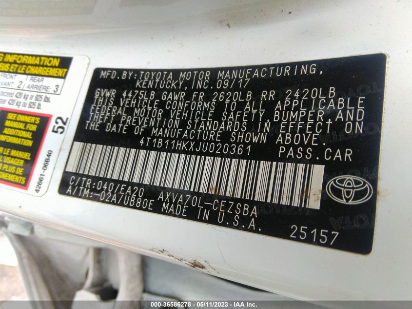 2018 TOYOTA CAMRY LE/SE/XLE/L - 4T1B11HKXJU020361
