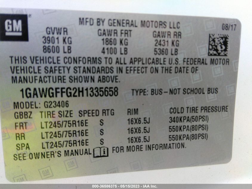 2017 CHEVROLET EXPRESS PASSENGER LT - 1GAWGFFG2H1335658