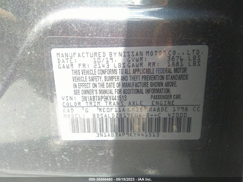 2019 NISSAN SENTRA SV - 3N1AB7AP9KY441513