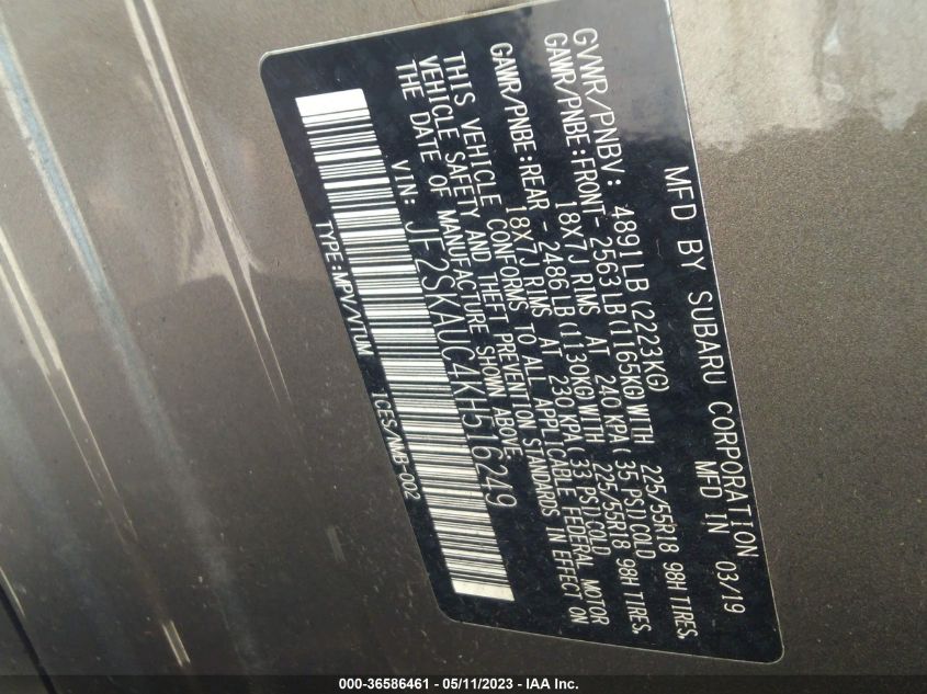 2019 SUBARU FORESTER LIMITED - JF2SKAUC4KH516249