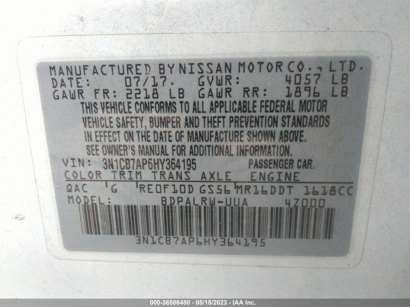 2017 NISSAN SENTRA SR TURBO - 3N1CB7AP6HY364195
