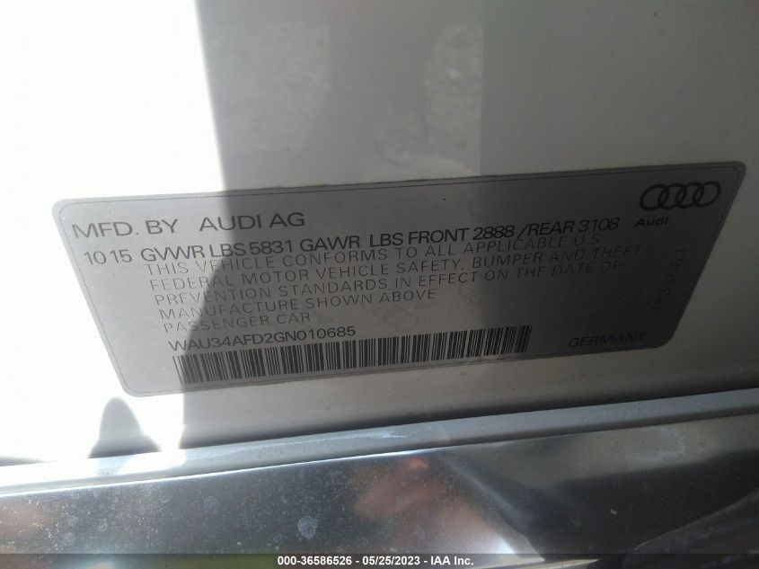 2016 AUDI A8 L 3.0T WAU34AFD2GN010685