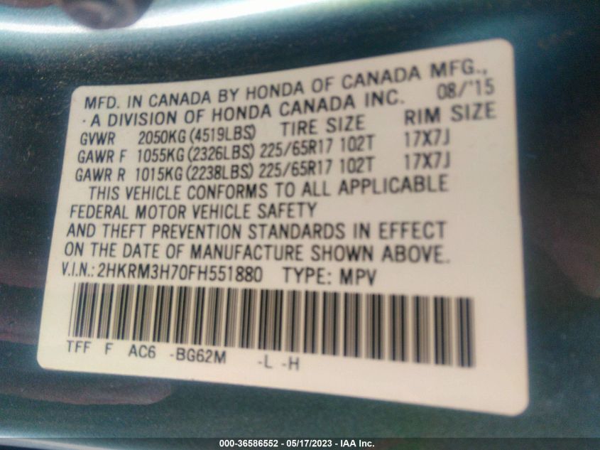 2015 HONDA CR-V EX-L - 2HKRM3H70FH551880