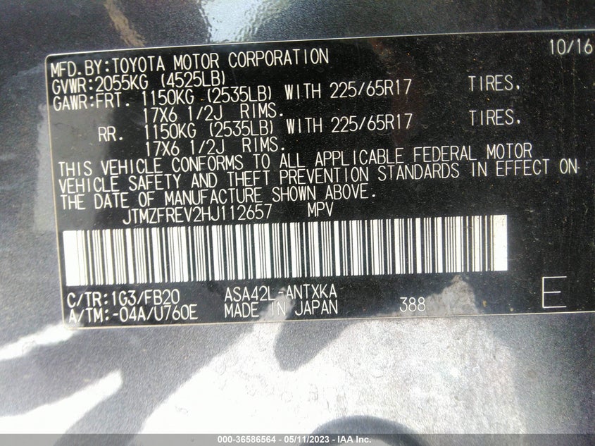 VIN JTMZFREV2HJ112657 2017 TOYOTA RAV4 LE