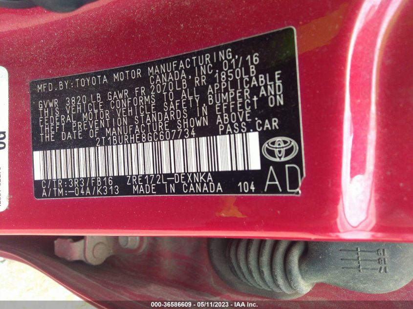 2016 TOYOTA COROLLA L/LE/S/S PLUS/LE PLUS - 2T1BURHE8GC607734