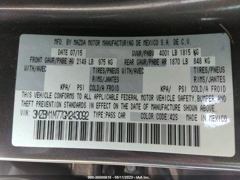 2016 MAZDA MAZDA3 I TOURING - 3MZBM1M77GM243092