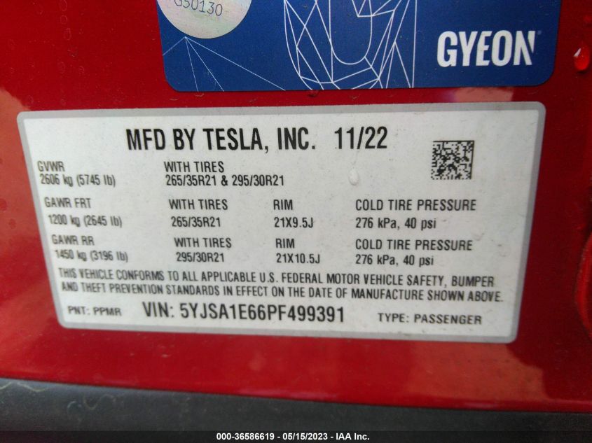 2023 TESLA MODEL S PLAID - 5YJSA1E66PF499391