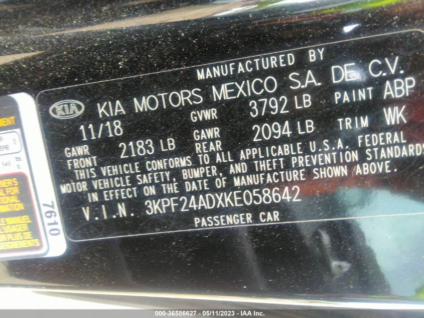 2019 KIA FORTE LXS - 3KPF24ADXKE058642