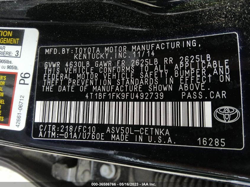 2015 TOYOTA CAMRY XLE/SE/LE/XSE - 4T1BF1FK9FU492739