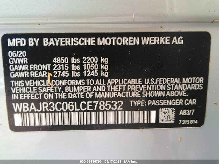 VIN WBAJR3C06LCE78532 2020 BMW 5 SERIES 530I