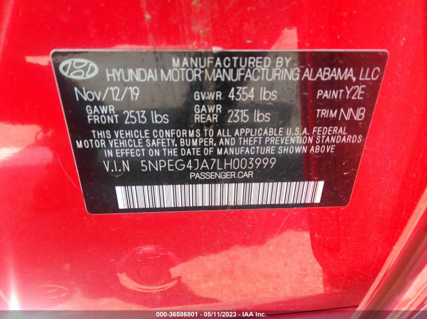 5NPEG4JA7LH003999 Hyundai Sonata SE 9