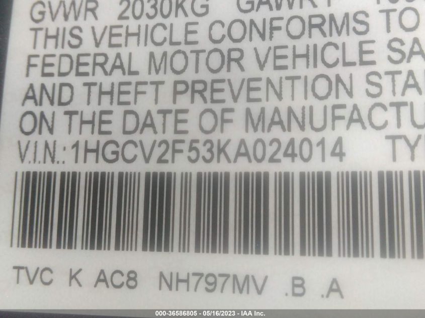 2019 HONDA ACCORD SEDAN EX-L 2.0T - 1HGCV2F53KA024014