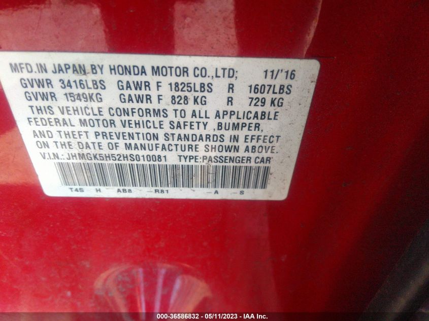2017 HONDA FIT LX - JHMGK5H52HS010081