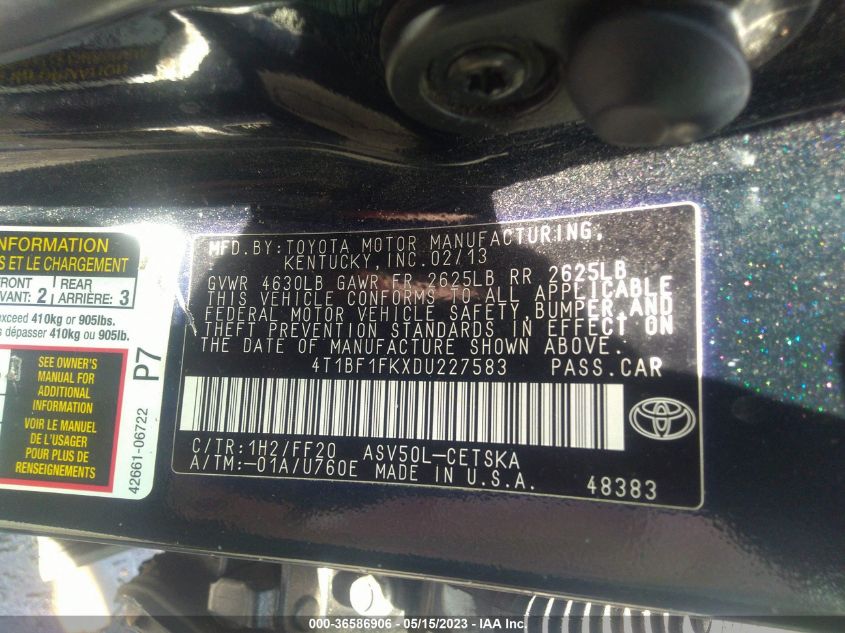 2013 TOYOTA CAMRY L/LE/SE/XLE - 4T1BF1FKXDU227583