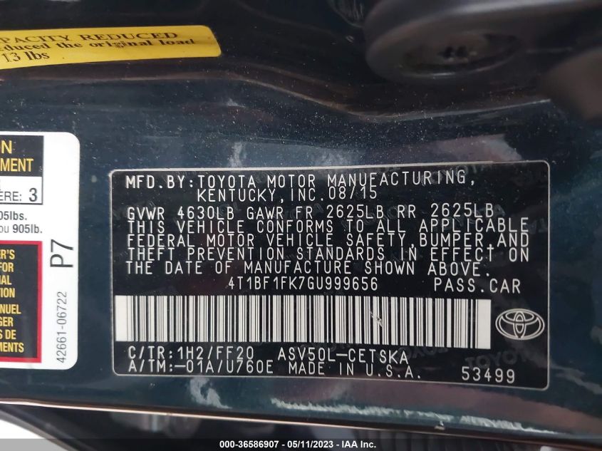 2016 TOYOTA CAMRY XLE/SE/LE/XSE - 4T1BF1FK7GU999656