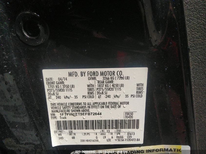 2014 FORD F-150 XL/XLT/FX4/LARIAT - 1FTFW1ET5EFB72644