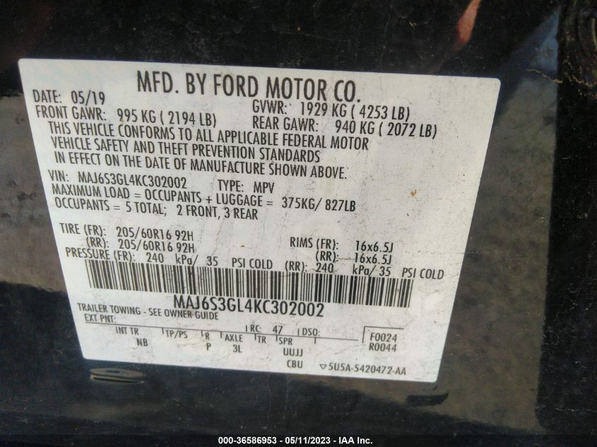 2019 FORD ECOSPORT SE - MAJ6S3GL4KC302002