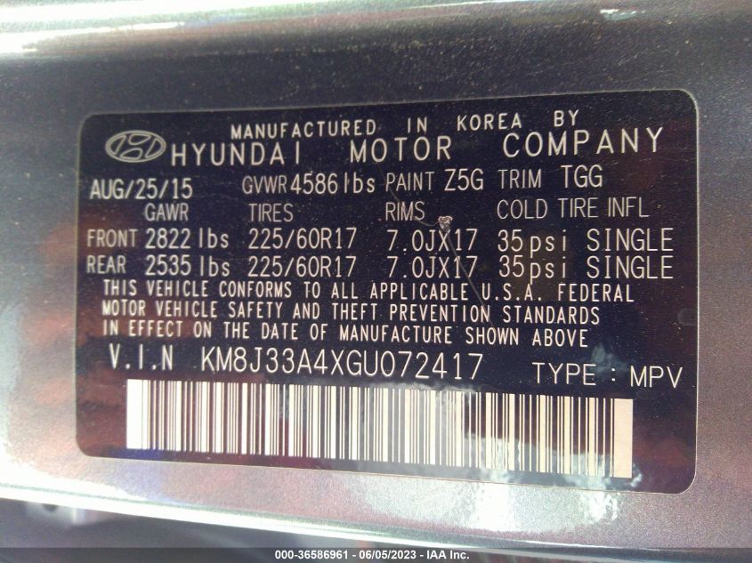 2016 HYUNDAI TUCSON SE - KM8J33A4XGU072417