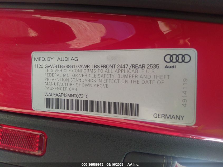 2021 AUDI A4 SEDAN S LINE PREMIUM PLUS - WAUEAAF43MN007310