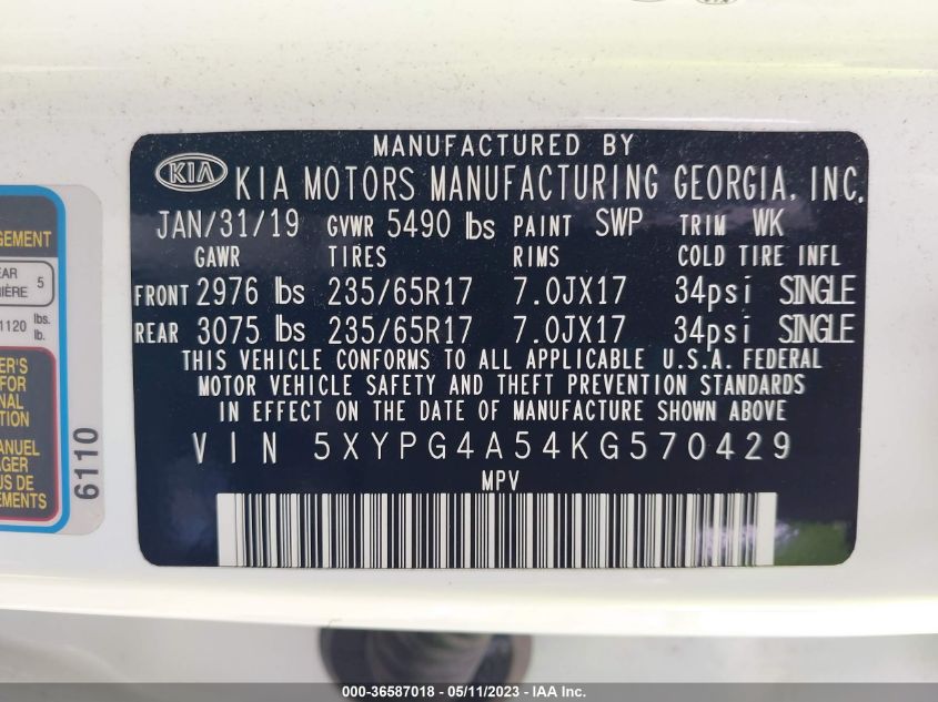 2019 KIA SORENTO LX V6 - 5XYPG4A54KG570429