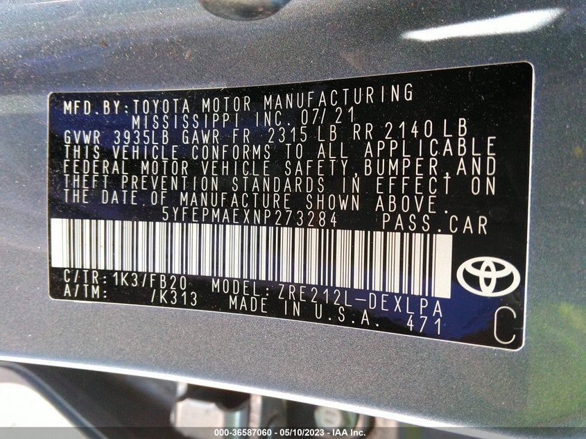 VIN 5YFEPMAEXNP273284 2022 TOYOTA COROLLA LE