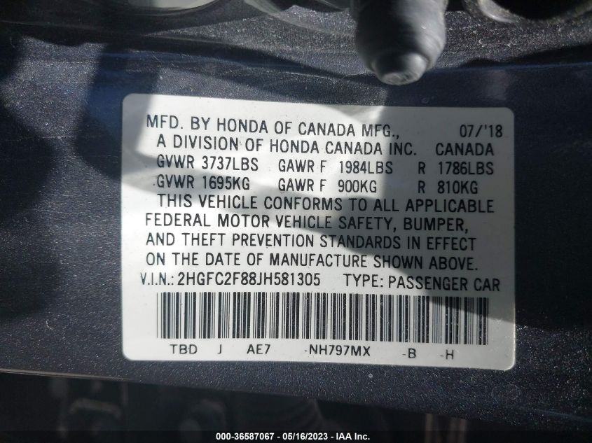 2018 HONDA CIVIC SEDAN EX - 2HGFC2F88JH581305