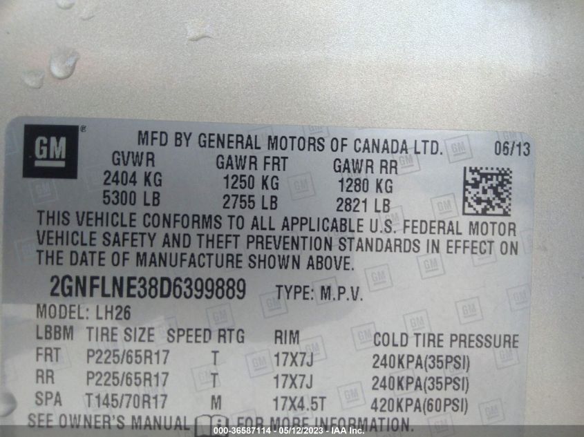 2013 CHEVROLET EQUINOX LT - 2GNFLNE38D6399889