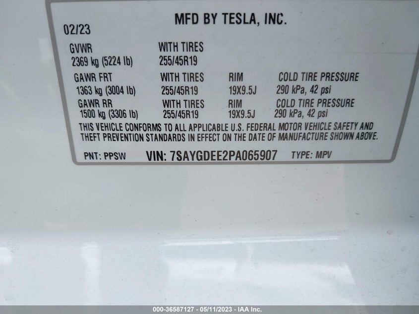 VIN 7SAYGDEE2PA065907 2023 TESLA MODEL Y LONG RANGE