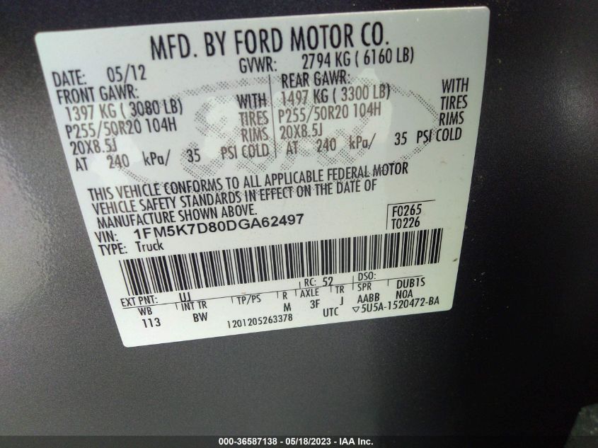 2013 FORD EXPLORER XLT - 1FM5K7D80DGA62497