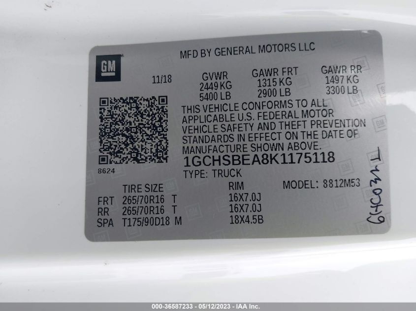 2019 CHEVROLET COLORADO 2WD WORK TRUCK - 1GCHSBEA8K1175118